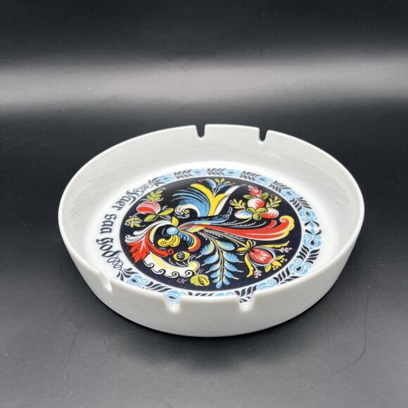 Vintage Berggren Ashtray Norweigan Rosemaling Vaer Saa God Round 7” 1960s MCM - Picture 4 of 9